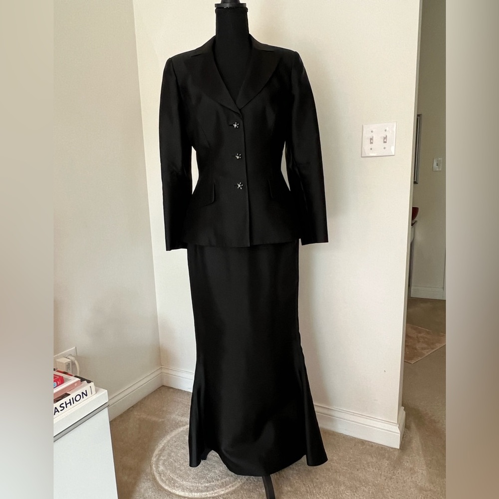 Pamela Dennis Couture black silk gazar skirt suit with train. Train bussels up.